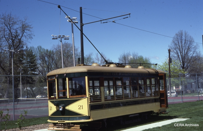 Ft. Collins Municipal Railway Birney car 21, as it looked on April 27, 1986, in this photograph by Ed Fulcomer.