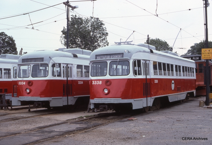 Ex-Dallas double-end PCC car 612 was renumbered as 3334 in Boston, and is shown there at left. This car may be restored to run again in Dallas.