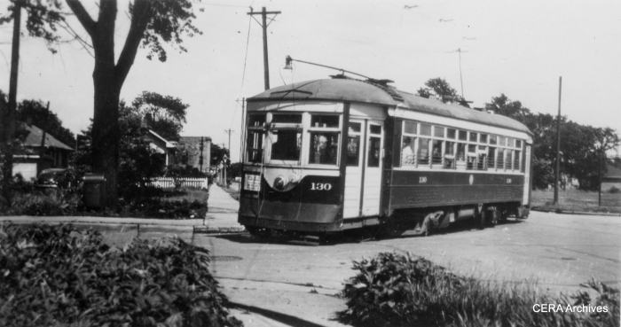 C&WT 130 in Maywood in 1945. Built by McGuire-Cummings in 1914, this car was scrapped in 1948. Bill Shapotkin writes, "Presume the photo of car #130 (turning the corner) is at Madison/19th (car is turning from W/B Madison into N/B 19th Ave)?"