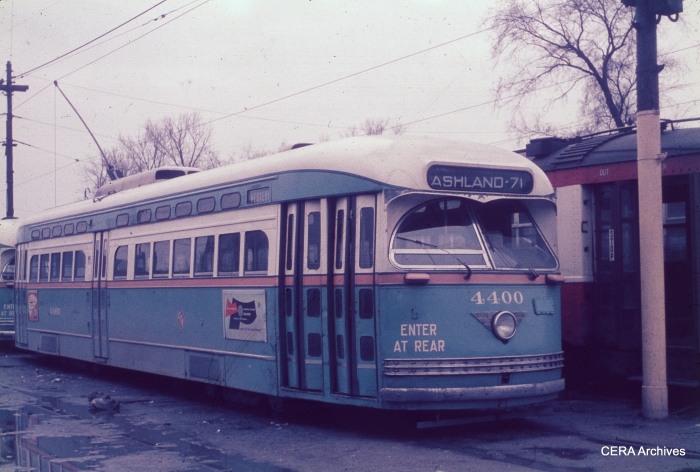In the early 1950s, CTA postwar PCC 4400 lays over in an open storage yard behind 69th and Ashland carhouse, at the south end of the Western Avenue line.