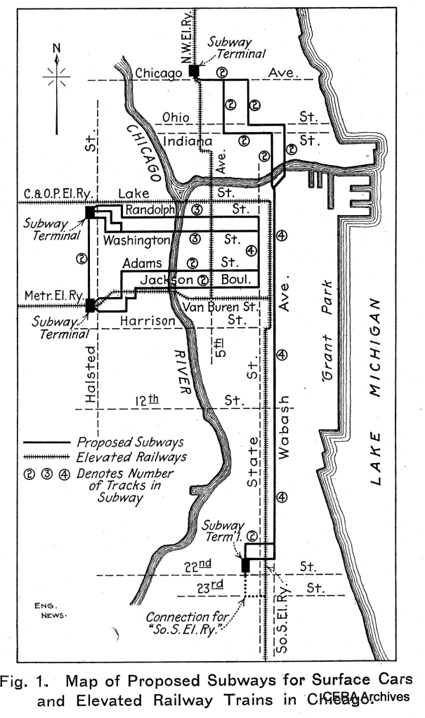 An early subway plan from 1909. The idea of an east-west subway for streetcars (and later, buses) persisted for another 50 years but was unrealized. Instead of a 4-track subway on Wabash, two tracks each were built on State and Dearborn.