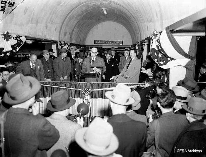 Mayor Kennelly at the opening of the Dearborn-Milwaukee subway on February 24, 1951. Both subway tubes were dedicated during mayoral election campaigns.