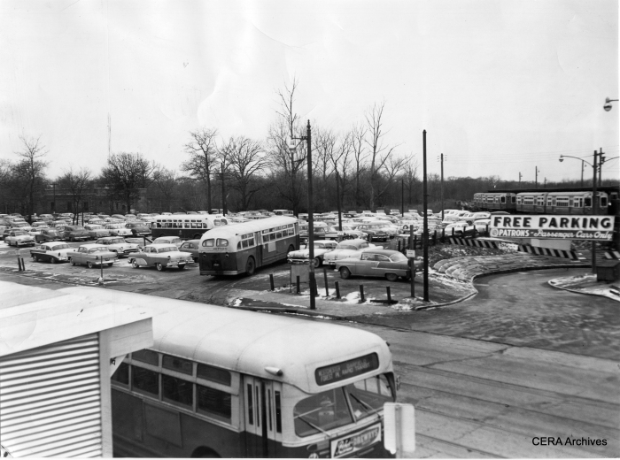 The south end of the parking area at Des Plaines in Forest Park on December 10, 1957, about five months after CA&E suspended passenger service. Note the #17 bus, which replaced the Westchester branch of the "L" in 1951.
