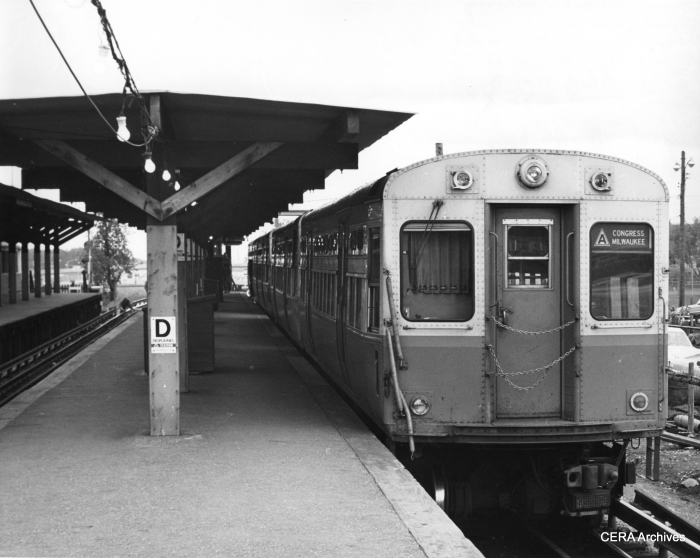 A four-car Congress-Milwaukee A train at the Des Plaines station in Forest Park on May 26, 1961. (Photo by Lawrence H. Boehning)