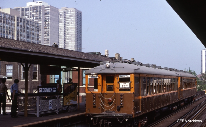 CTA Historical cars 4271-4272 at Sedgwick on May 28, 1978, during a CERA 40th Anniversary fantrip. (Photo by G. E. Lloyd)