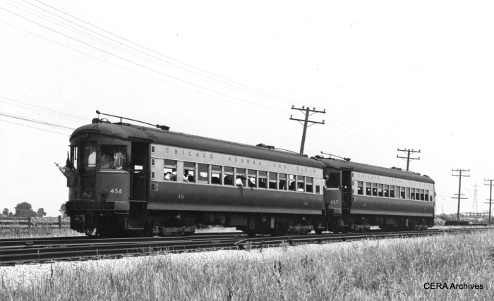 CA&E cars 456 and 457 at Batavia Junction on July 3, 1949.