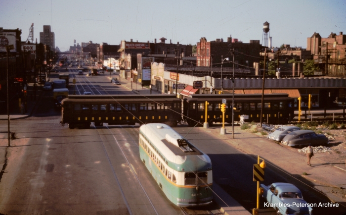 A CTA test train on Van Buren passes by CTA PCC 4385 on Western avenue in 1953. (Photo by William C. Janssen, Krambles-Peterson Archive)