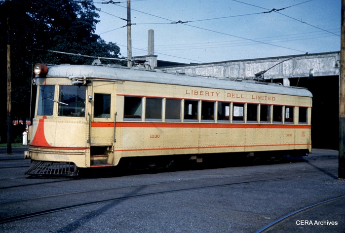 Lehigh Valley Transit car 1030 as it looked at Fairview car barn on September 9, 1951, a few days after interurban service ended. The original paint chips from 1939 still exist for this color array, and hopefully can be used to provide an exact match the next time this car is repainted at the Seashore Trolley Museum.