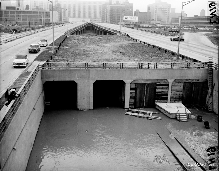 July 13, 1957: "Looking EAST on Congress st. expressway, from Halsted st. where the CTA L tracks will leave the expressway, and go underground, and tie in with the subway. Water flows into this section of subway." (Photo by Larry Nocerino)