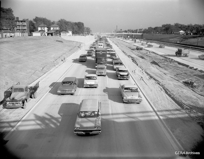 October 12, 1960: "Solid pack of cars passing thru Congress expressway after formal opening of the last link between Central and 1st Ave." (Photo by B. Kotalik)