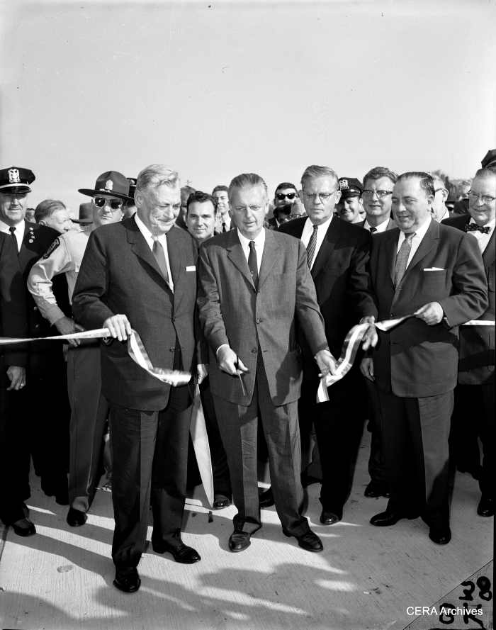 Opening the last section of the Congress expressway, 1960. Gov. William Stratton cuts the ribbon, while Cook County Board President Dan Ryan, Jr. and Mayor Richard J. Daley look on. (Photographer unknown)