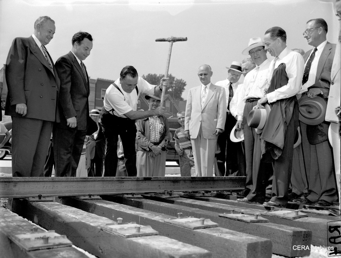 Congress St. and Pulaski Rd., July 28, 1955: "Mayor Daley drives the golden spike in the Congress Street strip to lay the first rail in the Congress St. Superhighway." (Photo by Arvidson)