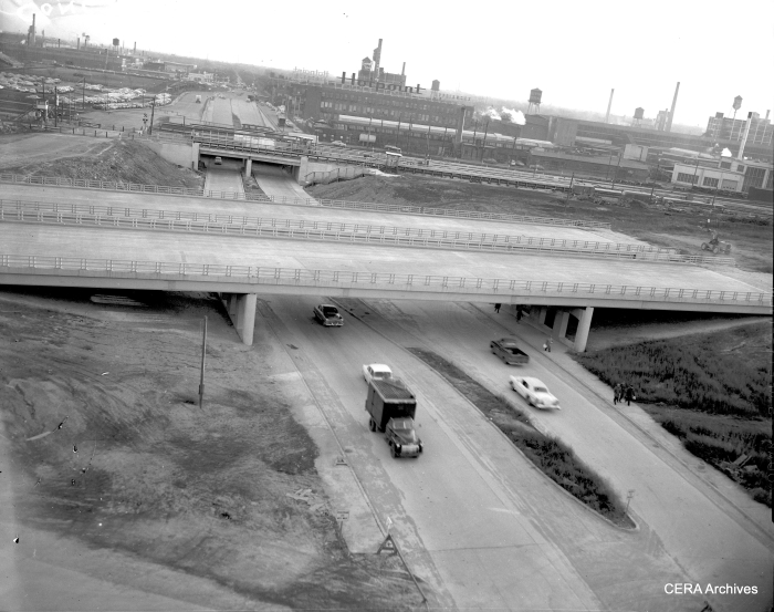 January 7, 1960: Looking south on Central, we see the uncompleted expressway and the temporary CTA platforms. According to www.chicago-l.org, "On October 16, 1959, the permanent eastbound Congress Line track was placed in service between Parkside and Pine avenues thru Lotus Tunnel. A temporary side platform was placed in service. Three days later, on October 19, the permanent westbound track and a temporary westbound side platform was placed in service, closing the previous temporary platform. Meanwhile, between the permanent tracks, the new, permanent island platform was constructed. The new Central station platform (with temporary fare controls) was placed in service on October 10, 1960, with westbound trains first using it, followed by eastbound trains the next day. On October 11, 1960, the third and final temporary Central station was closed." (Photographer unknown)