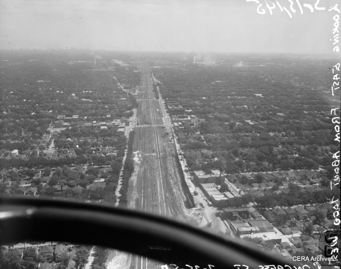 An aerial view of the Congress expressway under construction on July 25, 1957. The view is looking east from about 7000 west. (Photo by Burley)