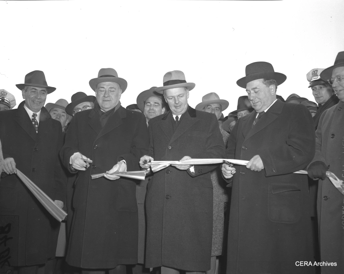 December 15, 1955: Ceremonial ribbon-cutting as the Congress expressway is opened between Ashland and Laramie. Cook county Board President Dan Ryan, Jr., Gov. William G. Stratton, and Mayor Richard J. Daley officiating. (Photographer unknown)