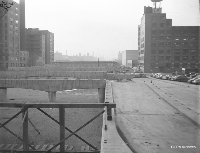February 4, 1953: "Looking west from Canal street along the concrete structures already in place for the super highway." (Photo by Joe Kordick)