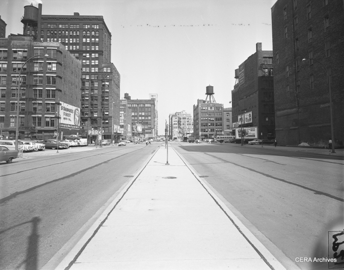 August 6, 1956: "Looking east from Clark street showing the wide sweep of Congress street through the Chicago Loop." (Photo by Merrill Palmer)