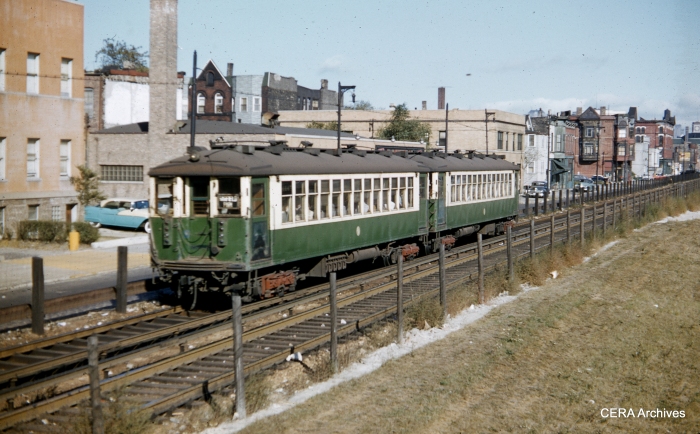 A two-car train of CTA 4000s along the temporary Van Buren trackage circa 1954-55. (Photographer unknown)