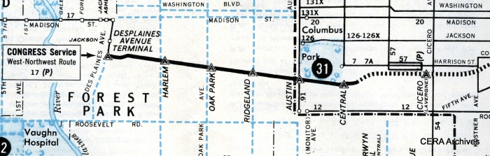 This 1959 CTA map shows the temporary stations on the then-new Congress line between Central and DesPlaines. This included a station at Ridgeland, replacing a Garfield Park station at nearby Gunderson, but no permanent station was put there. CTA opted to use secondary entrances instead at both East Avenue and Lombard. The Central stop was not successful and was closed in 1973.