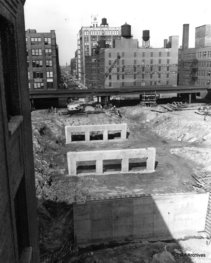 October 25, 1950: "The Congress st. superhighway is the remaining link in Chicago's superhighway system. Here are the concrete piers for the Peoria st. bridge. The expressway will run under Halsted and Peoria sts." (Photographer unknown)