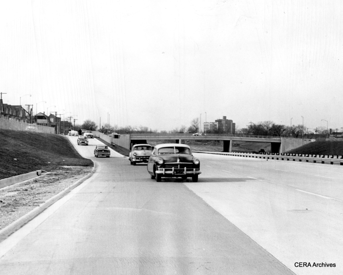 December 15, 1955: "Cars enter completed 4 1/2-mile strip of Congress st. expressway at Laramie av. Impatient motorists jumped the gun." One reason that the expressway could not continue west of here was that the CTA rapid transit line crossed the expressway footprint at grade. We are looking west in this view. (Photographer unknown)