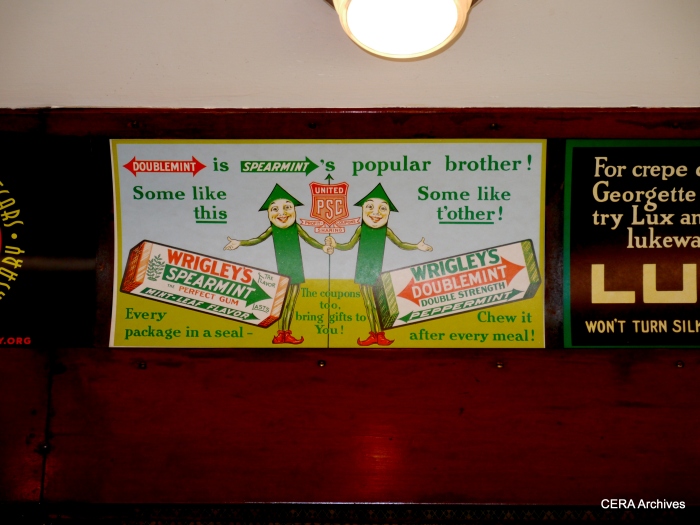 Car 304 is decorated with period advertisements such as this. (Photo by David Sadowski)