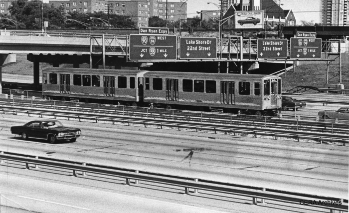 September 28, 1969 - "New CTA trains, Dan Ryan. One of the new CTA rapid transit trains that went into service today, passing under the 31st street bridge, heading north." (Photo by Pete Peters)