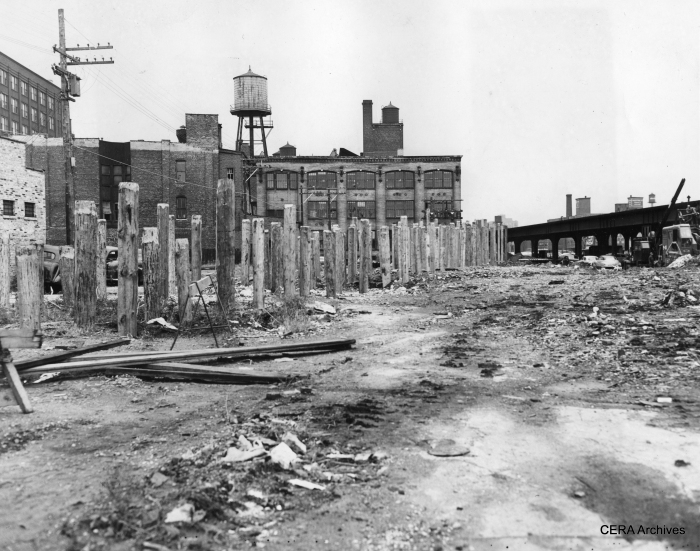 September 24, 1951 - "Going ahead with plans for shunting Aurora & Elgin trains and elevated trains to streetcar tracks in Van Buren, between Racine and Sacramento blvd., wooden pilings are driven to support structure bringing the tracks to street level." (Photographer unknown) As we know now, CA&E refused to use the Van Buren street-level trackage. Calling it "streetcar" trackage was a bit of a stretch, since ultimately third rail was used and the right-of-way fenced off from traffic. However, calling it that may have been the means used to justify operating trains without crossing gate protection.