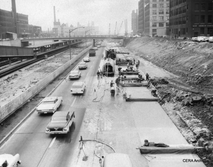 October 30, 1959 - The old Garfield Park "L" structure, which used to run parallel to the expressway in front of the buildings at the right of the picture, has been out of service for more than a year and has been torn down in this area near Halsted. The space once occupied by the "L", to some extent, allowed the expressway to be widened at this point. (Photographer unknown)