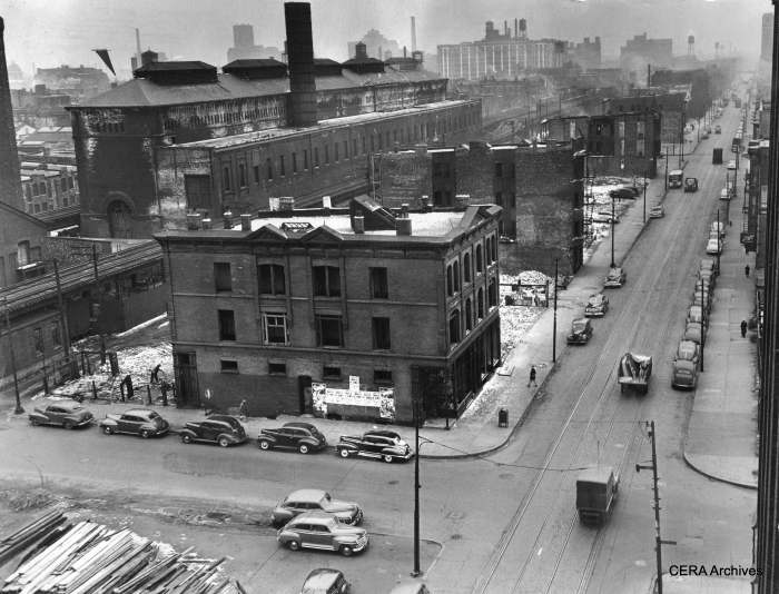 March 11, 1949 - "This isn't a London bombed area, but a view of Van Buren st. looking west from Racine av, as demolition continues for the Congress st. superhighway. Vacant areas indicate where wrecking crews already have torn down structures. Other gaunt, vacant buildings have been emptied by the relocation office and will soon fall, including the CTA car barn." (Photographer unknown)