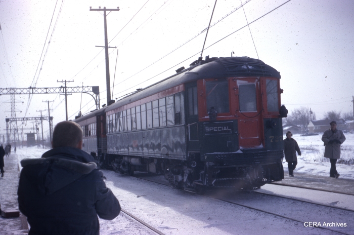 January 20, 1963, the last full day of North Shore Line operation. "Waiting for Mundelein-Libertyville train- Solheim's head." (Photo by Charles B. Porter)