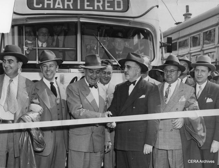 April 6, 1948 - "It's a new era- Streetcars are gone from the bumpy Berwyn-LaGrange line and a ribbon is cut at Lombard av. and Cermak rd., to mark the opening of bus service. Henry J. Sandusky, mayor of Cicero and William J. Kriz, mayor of Berwyn, snip the tape as officials of Brookfield, LaGrange and Riverside look on." (Unknown photographer)
