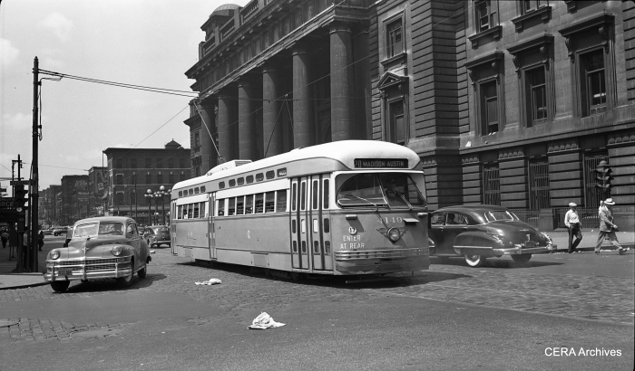 Mystery Photo #7 - "This car is eastbound at Madison and Canal passing North Western Station. This car must have been freshly delivered as it has a CSL logo on the side. The 4194 was in a group of cars delivered between September 1947 and March 1948. I would place the date around 1948 or very early 1949." (Unknown photographer) (Picture taken in August 1948- ed.)