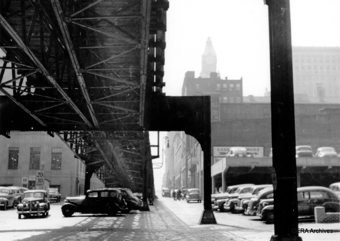 Mystery Photo #10 - "This is the Guilford Ave. "el" Saratoga St. ramp in Baltimore. Service on this line ended on 1-01-50." (Unknown photographer) This was somewhat of a trick question. We did say, however, that the photos were "generally" from Chicago. While this scene does look like Chicago, none of our "Ls" descend right into the middle of a street as this one did. The difference, of course, is that this was a streetcar elevated. So it naturally went into a street. Baltimore's el was 2000 feet long. Kansas City had a similar mile-long el.