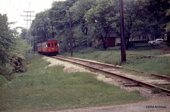 CA&E 310-309 in Batavia on CERA Fantrip #71 (May 19, 1957), about six weeks before the suspension of passenger service. Some have compared the Batavia branch to the main line at the Illinois Railway Museum. (Photographer Unknown)