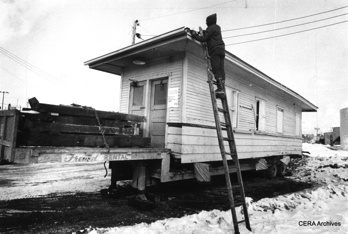 February 16, 1978 - "Pete Vesic readies CTA rapid transit station from 50th and Cicero Avenue for its move to the Illinois Railway Museum in Union, Illinois. The former station is on a truck trailer at the National Casting Co., 5300 W. 16th St. It will be dedicated later this year." (Photo by James DePree)