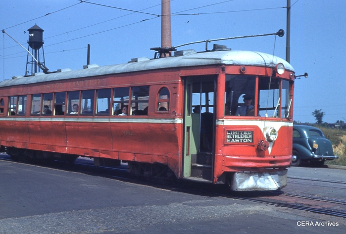 LVT used four Cincinnati curved-side cars (ex-Dayton & Troy) on the Easton Limited interurban from 1939-49. Here is one towards the end of service, looking a bit worse for wear. (Photographer unknown)