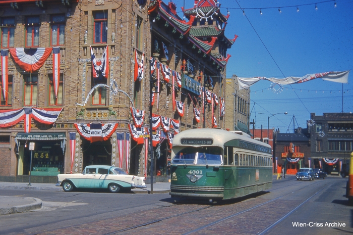This photo of CTA 4391 in Chinatown appears on CERA's 2014 membership card. The only surviving Chicago postwar PCC car is now at the Illinois Railway Museum. (Photo by Charles L. Tauscher, Wien-Criss Archive)