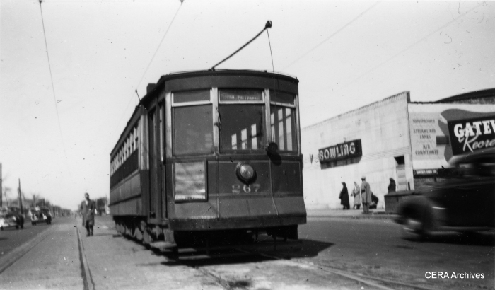 #15 - "End of the North Ave. line at Narragansett." (The clue is the Gateway Bowl sign.) Streetcar service was extended here on November 29, 1931, and was replaced by trolley buses on July 3, 1949. (Photographer unknown)