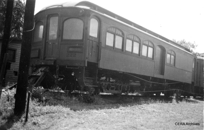 #7 - "Car 222 at Michigan City; it was converted by CSS&SB to a way and structures vehicle and later a newspaper car." (Photographer unknown)