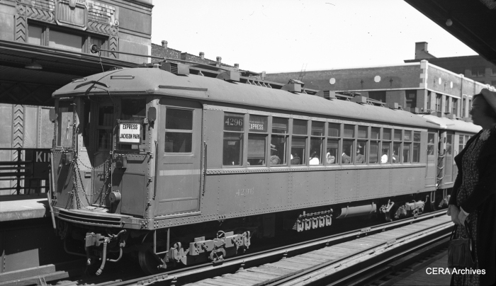#5 - "This is a southbound Jackson Park train at the Merchandise Mart station." (CRT 4296 on July 2, 1940.) The sign just behind the train says "Kinzie," yet that was not the name of the station when this picture was taken. (Photographer unknown)