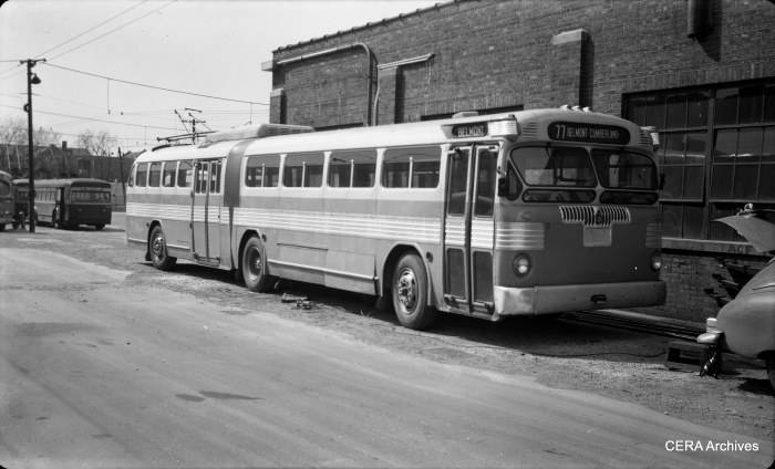 #4 - "The famous Queen Mary taken in 1948 or shortly thereafter; it was converted into an electric bus in 1948." This photo was taken in March 1949. It's been suggested that this is at the North Avenue garage. As a trolley bus it was numbered 9763, making it the highest numbered Chicago tb. (Photographer unknown)