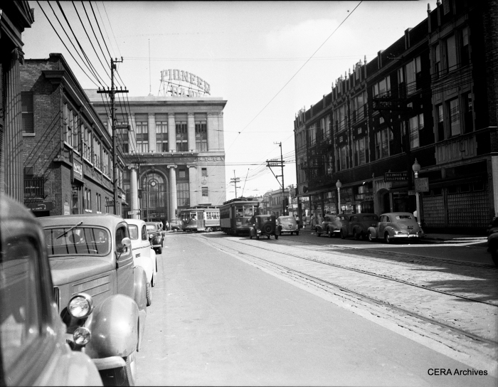 #3 - "We're on Pulaski looking north to North Ave. There was a slight jog on Pulaski before reaching North Ave., Pioneer Bank on the NW corner of North and Pulaski was a local landmark." (Photographer unknown)