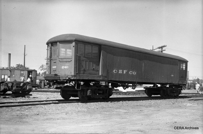 #2 - "Former CNS&M MD car purchased by Frank Sherwin of Chicago Hardware Foundry. Repainted and lettered as a CHF storage car." The Chicago Hardware Foundry in North Chicago was the original home of the Illinois Electric Railway Museum, today's IRM. (Photographer unknown)
