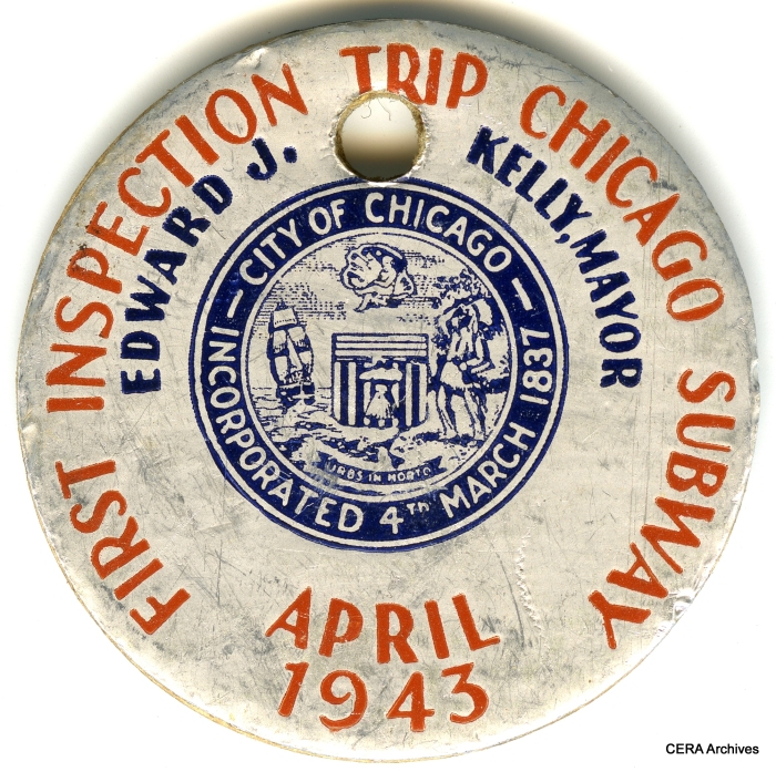 Just prior to the mayoral election, the City of Chicago held an "inspection trip" in the still-uncompleted State Street subway, with only one track in service. Here is a souvenir pin from that event.