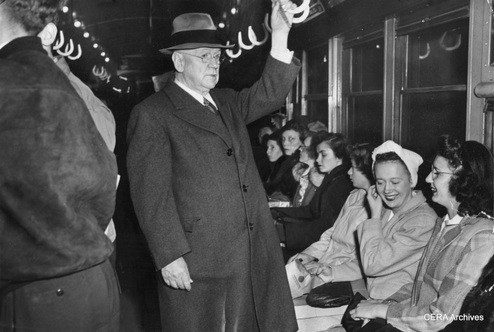 October 24, 1943 - "Secretary of Commerce Harold Ickes, who okayed checks for $17,000,000 worth of government money that went into the Chicago subway, made a tour of it yesterday and found it much to his liking. The car was crowded on the return trip to the loop and Ickes stood up." (Unknown photographer)