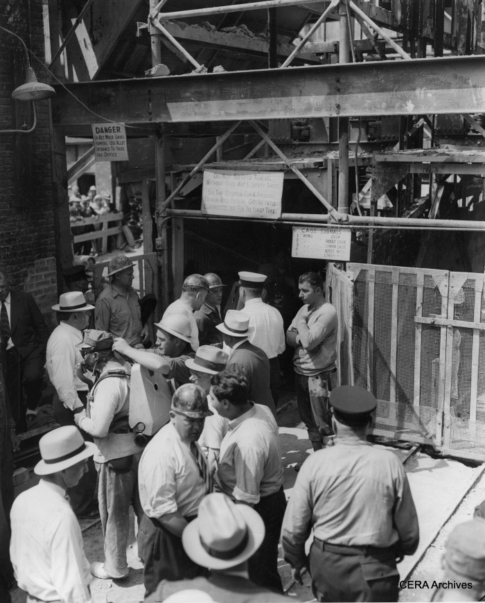 July 21, 1939 - Subway excavation in the Loop was literally a mining operation: "Pix shows crowd of workers, subway officials and firemen going down entrance to tunnel." (Photo by Mosse)