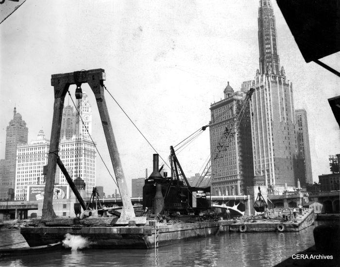 September 22, 1939 - "Dredging river for subway at State and Wacker." (Photographer unknown)
