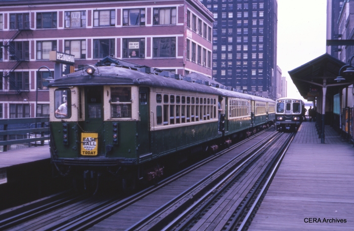 CTA 4452-4451-4270-4269 meet 2140-2141 at State and Lake at 12:35 pm on June 26, 1966. (Unknown Photographer)