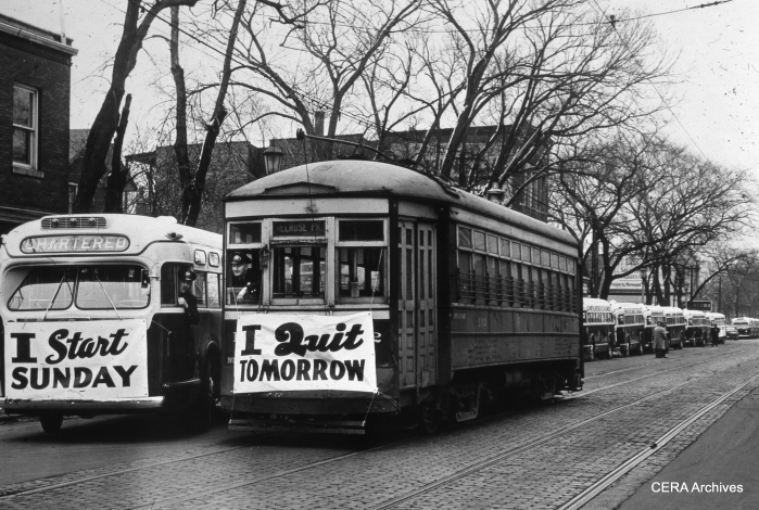 Lake Street, February 14, 1947. The Madison St. car line quit the following day (Saturday), with bus service starting on Sunday. (Photographer Unknown)